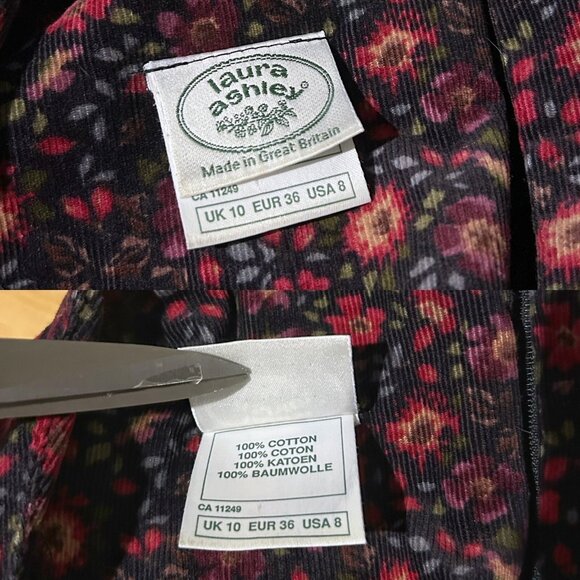 80s Vintage Laura Ashley Corduroy Dress Floral Cottage Preppy Puff Sleeve. - Picture 13 of 13